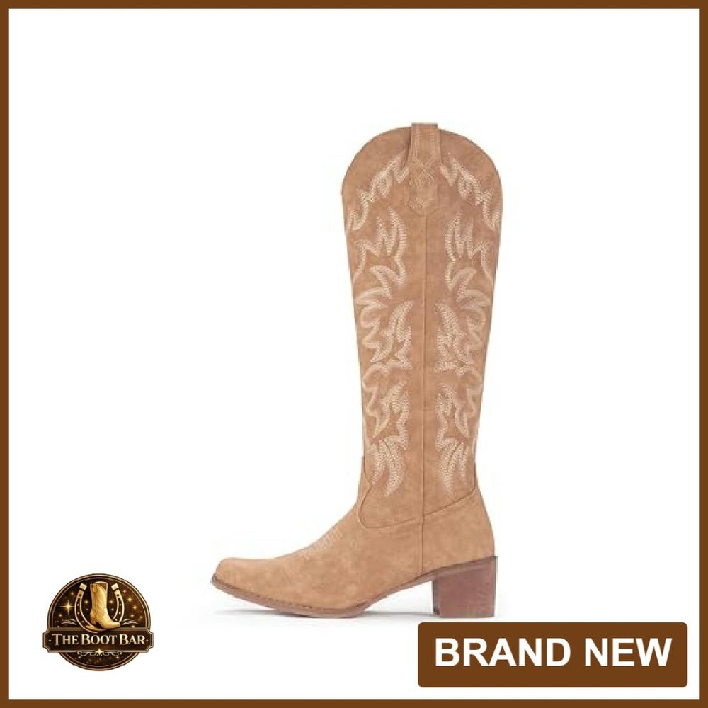 Women's Knee High Cowboy Boots Snip Toe Side Zipper Chunky Heel - Picture 6 of 8